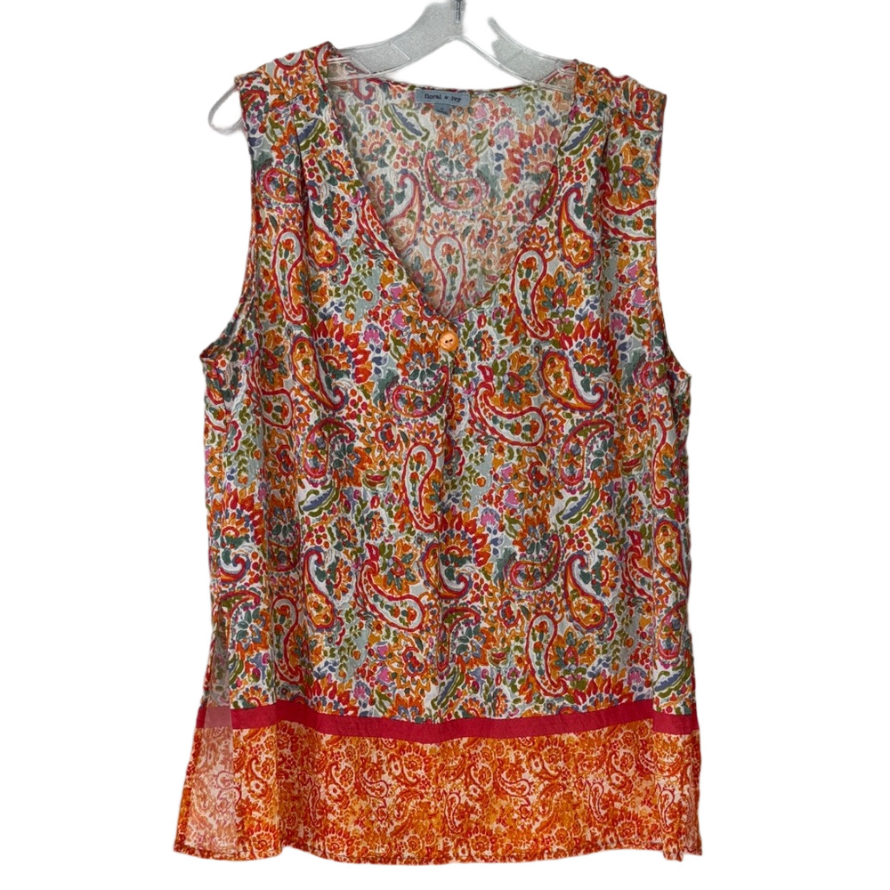 Floral & Ivy Sleeveless Tunic V-neck Side Vents in Orange Paisley Print Size Med